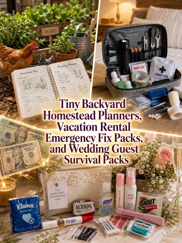 Tiny Backyard Homestead Planners, Vacation Rental Emergency Fix Packs, and Wedding Guest Survival Packs