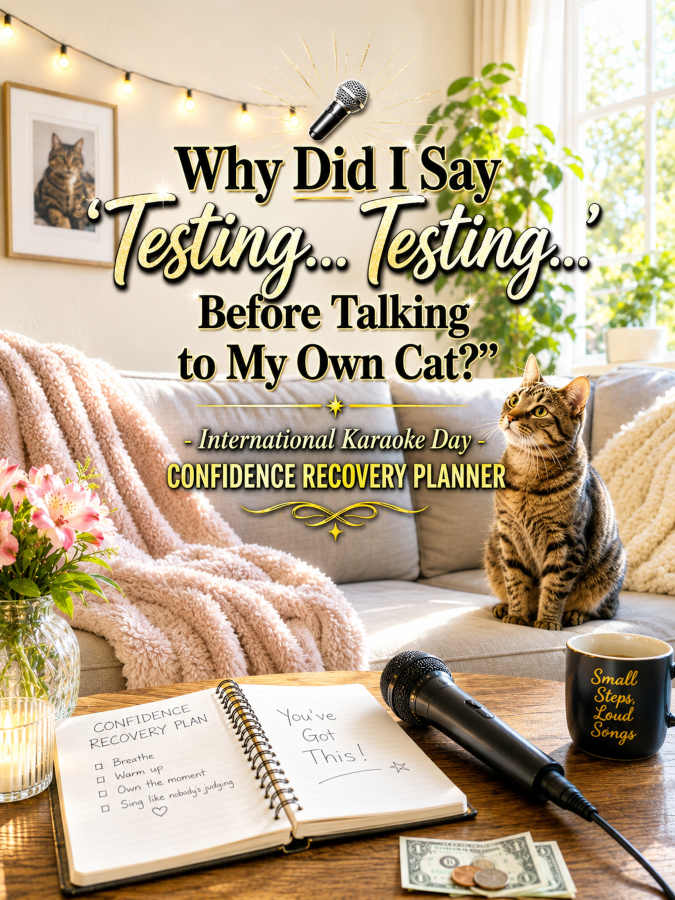 🎤 “Why Did I Say ‘Testing… Testing…’ Before Talking to My Own Cat?” – International Karaoke Day Confidence Recovery Planner
