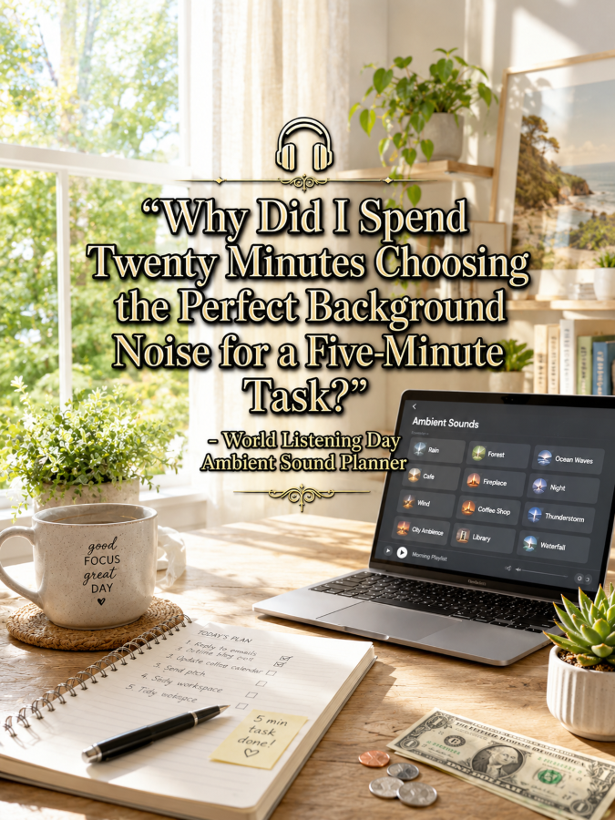🎧 “Why Did I Spend Twenty Minutes Choosing the Perfect Background Noise for a Five-Minute Task?” – World Listening Day Ambient Sound Planner 🎧 “Why Did I Spend Twenty Minutes Choosing the Perfect Background Noise for a Five-Minute Task?” – World Listening Day Ambient Sound Planner