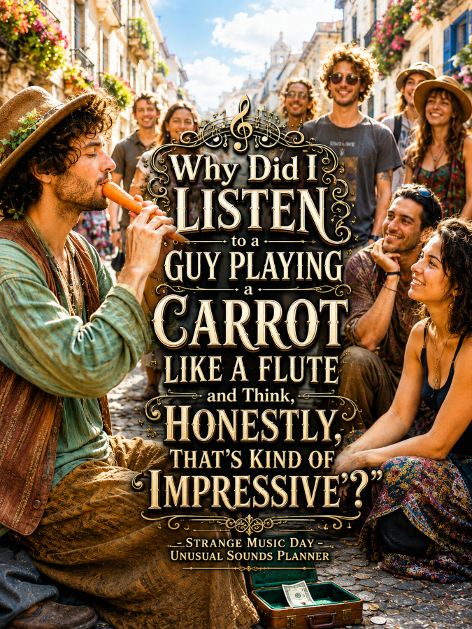 🎼 “Why Did I Listen to a Guy Playing a Carrot Like a Flute and Think, ‘Honestly, That’s Kind of Impressive’?” – Strange Music Day Unusual Sounds Planner 🎼 “Why Did I Listen to a Guy Playing a Carrot Like a Flute and Think, ‘Honestly, That’s Kind of Impressive’?” – Strange Music Day Unusual Sounds Planner