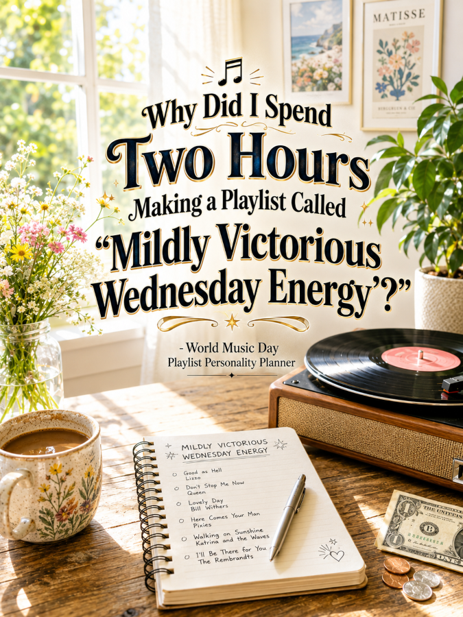 🎶 âWhy Did I Spend Two Hours Making a Playlist Called âMildly Victorious Wednesday Energyâ?â – World Music Day Playlist Personality Planner 🎶 âWhy Did I Spend Two Hours Making a Playlist Called âMildly Victorious Wednesday Energyâ?â – World Music Day Playlist Personality Planner
